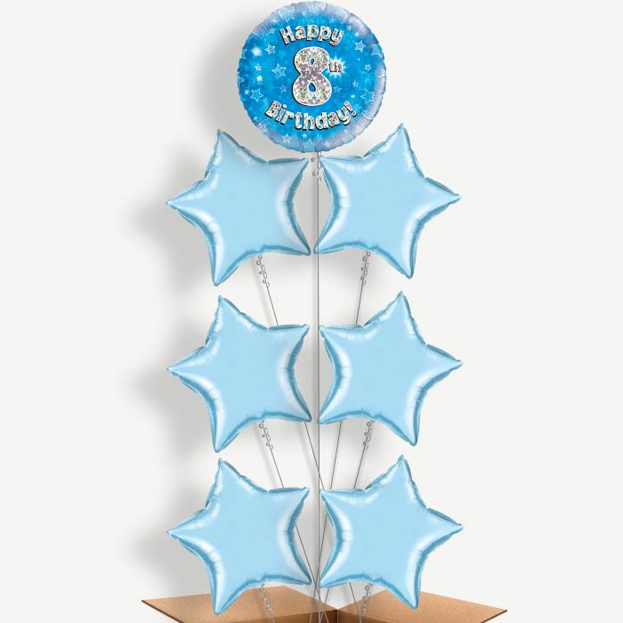Happy 8th Birthday Blue Stars Helium Balloon Arrangement | Party Save Smile