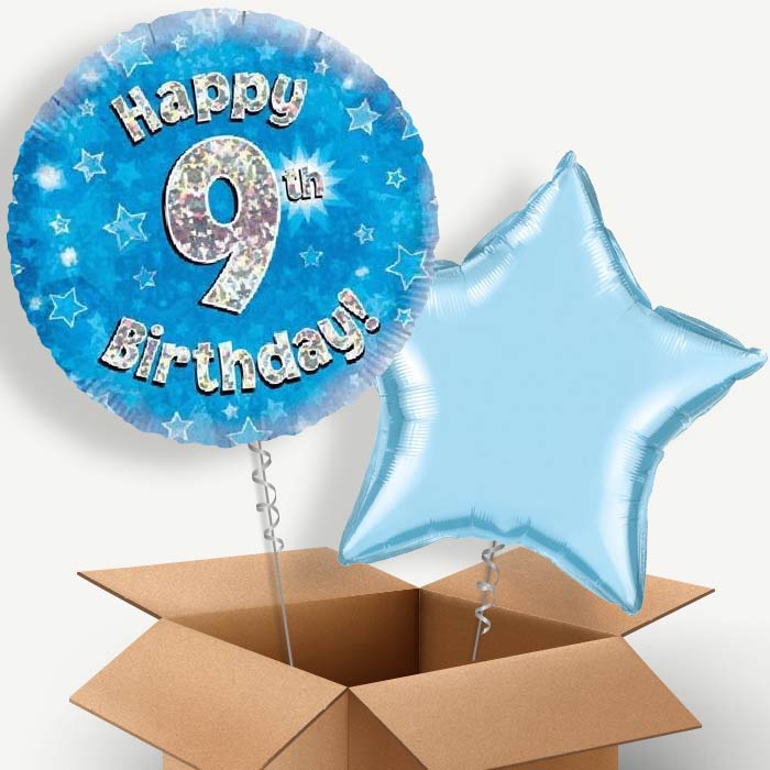 Happy 9th Birthday Blue Stars Helium Balloon Pair | Party Save Smile