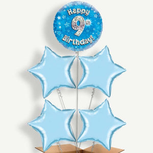 Happy 9th Birthday Blue Stars 5 Helium Cluster Balloons