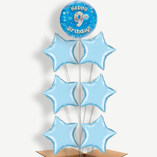 Happy 9th Birthday Blue Stars Helium Balloon Arrangement | Party Save Smile