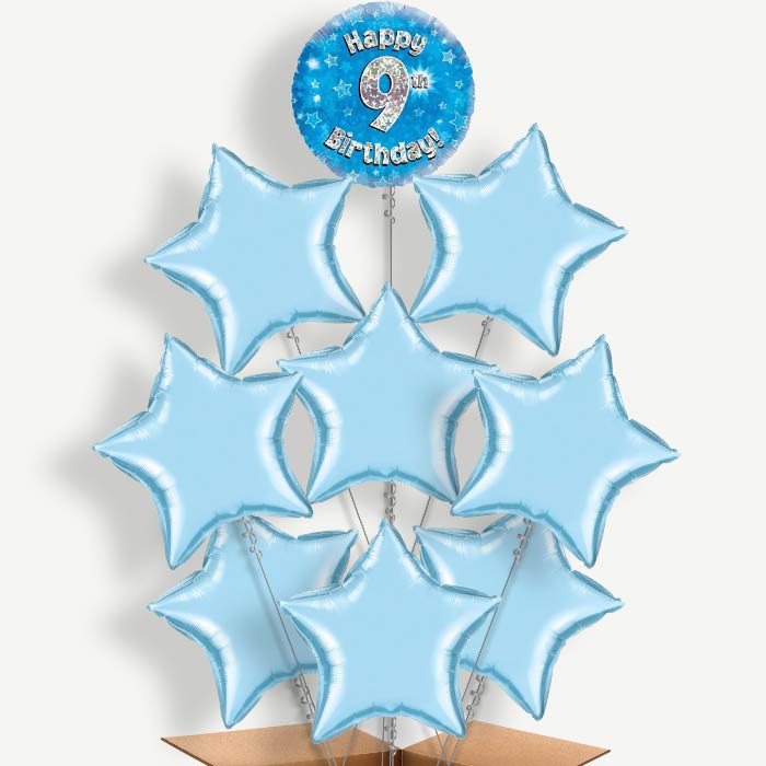 Happy 9th Birthday Blue Stars Helium Balloon Bundle | Party Save Smile