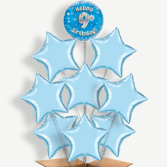 Happy 9th Birthday Blue Stars Helium Balloon Bundle | Party Save Smile