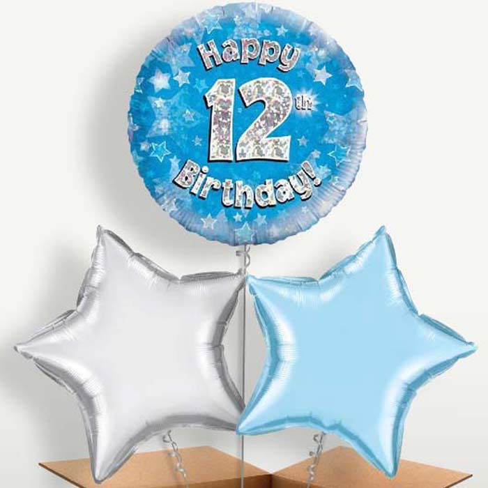 Blue 12th Birthday Bunch of Balloons inflated with Helium | Party Save Smile