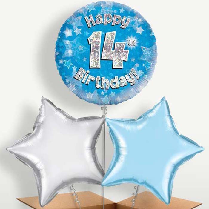 Blue 14th Birthday Bunch of Balloons inflated with Helium | Party Save Smile