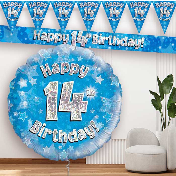 Blue Stars 14th Birthday Balloon and Banners