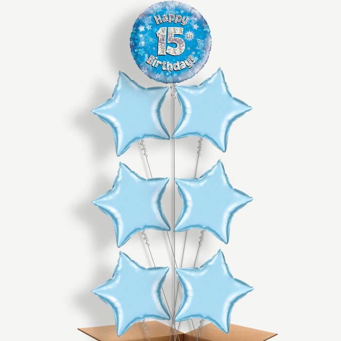 Happy 15th Birthday Blue Stars Helium Balloon Arrangement | Party Save Smile