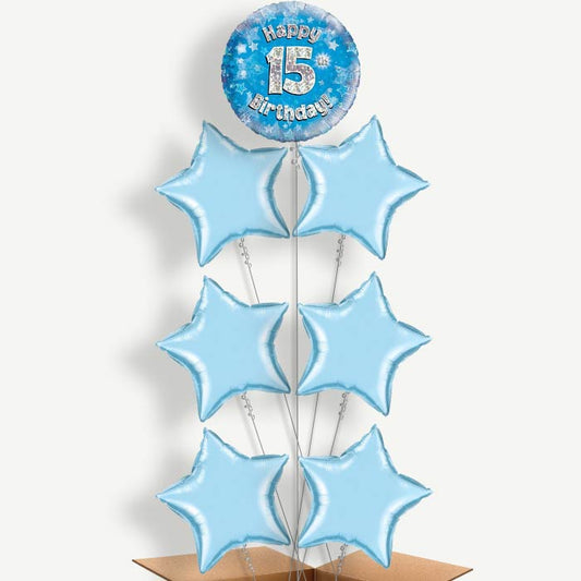 Happy 15th Birthday Blue Stars Helium Balloon Arrangement | Party Save Smile