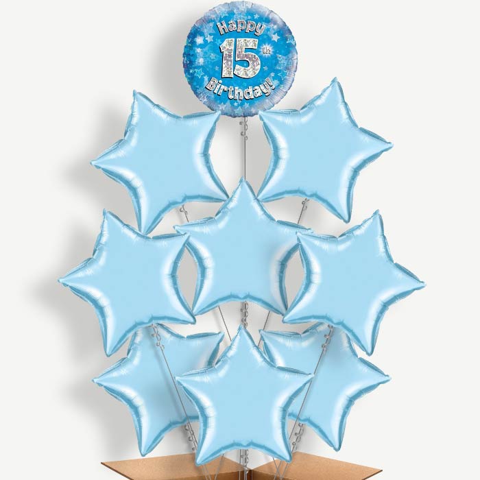 Happy 15th Birthday Blue Stars Helium Balloon Bundle | Party Save Smile