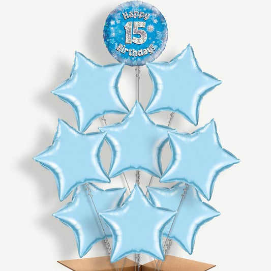 Happy 15th Birthday Blue Stars Helium Balloon Bundle | Party Save Smile