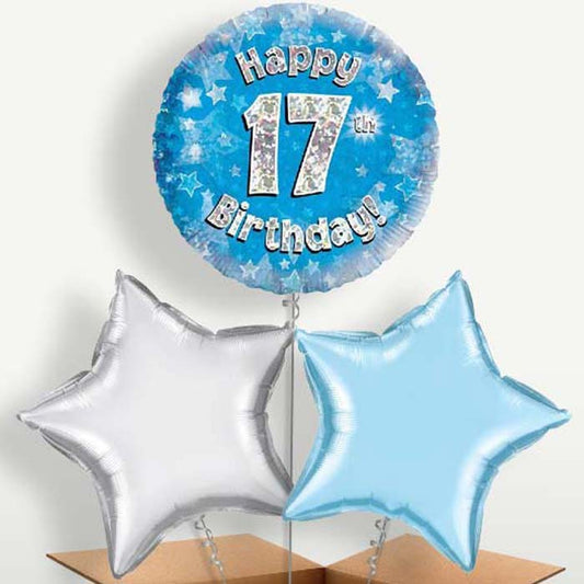Happy 17th Birthday Blue Stars Trio Balloon Bunch | Party Save Smile