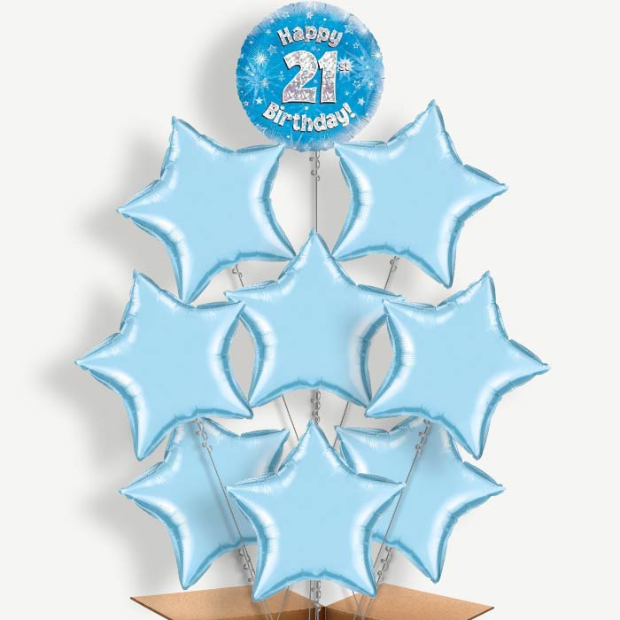 Happy 21st Birthday Blue Stars Helium Balloon Bundle | Party Save Smile
