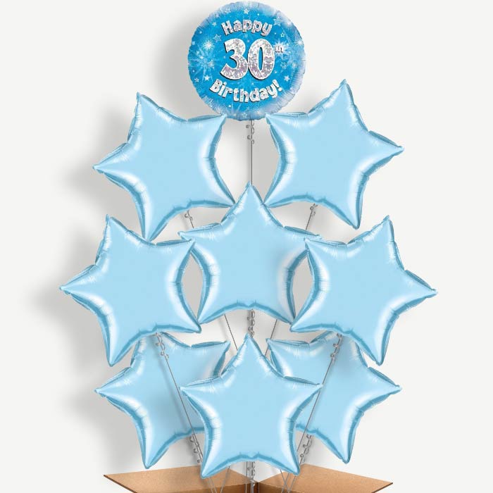 Happy 30th Birthday Blue Stars Helium Balloon Bundle | Party Save Smile
