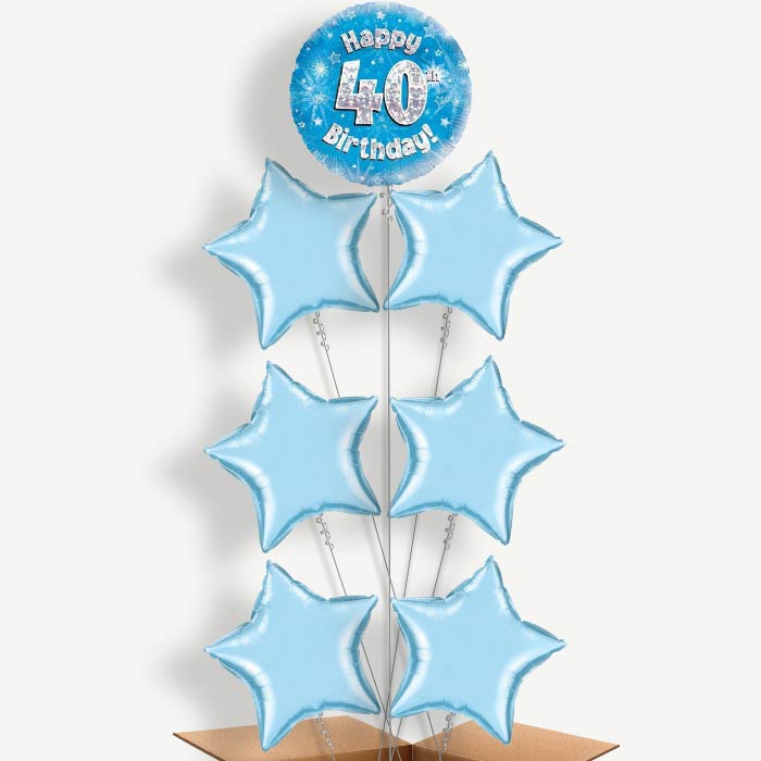 Happy 40th Birthday Blue Stars Helium Balloon Arrangement | Party Save Smile