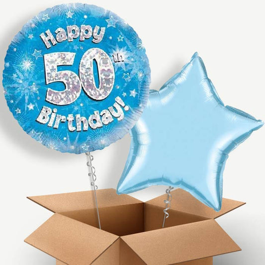 Happy 50th Birthday Blue Stars Helium Balloon Duo | Party Save Smile