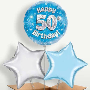 Happy 50th Birthday Blue Stars Balloons in a Bunch (Trio)