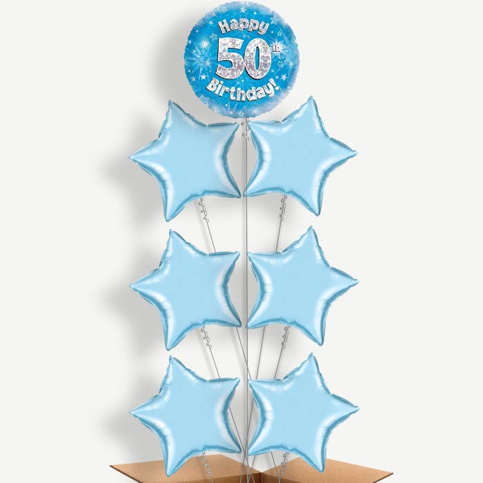 Happy 50th Birthday Blue Stars Helium Balloon Arrangement | Party Save Smile