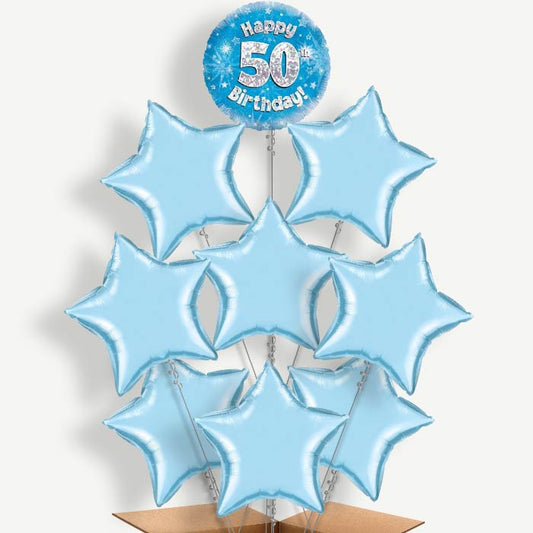 Happy 50th Birthday Blue Stars Helium Balloon Bundle | Party Save Smile