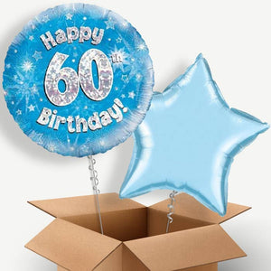 Happy 60th Birthday Blue Stars Helium Balloon Duo