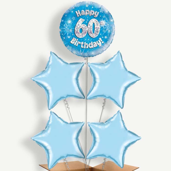 Happy 60th Birthday Blue Stars Helium Cluster Balloons | Party Save Smile