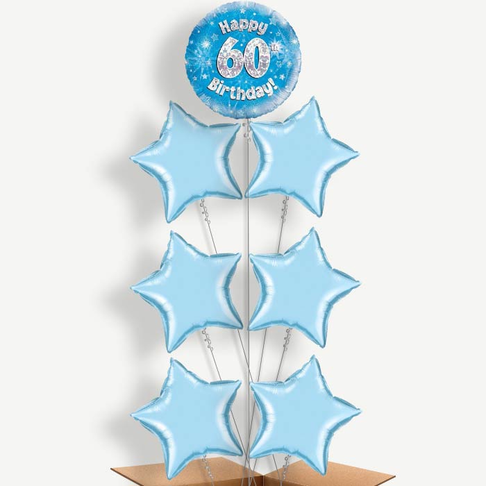 Happy 60th Birthday Blue Stars Helium Balloon Arrangement | Party Save Smile