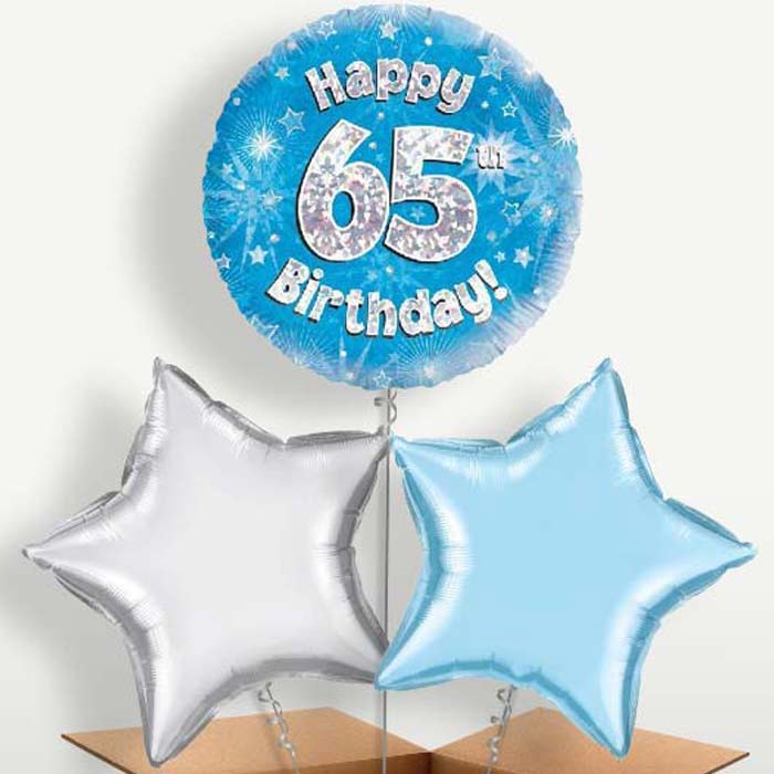 Happy 65th Birthday Blue Stars Balloons in a Bunch | Party Save Smile