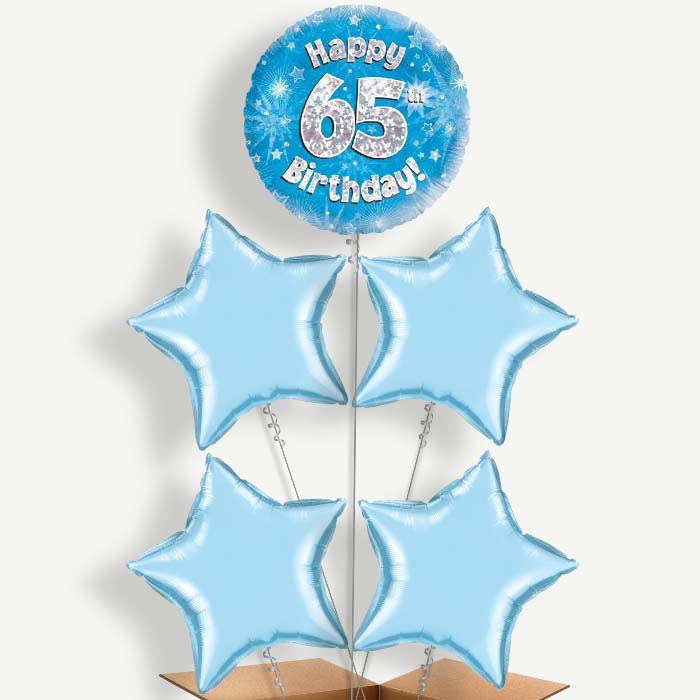 Happy 65th Birthday Blue Stars Helium Cluster Balloons | Party Save Smile