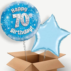 Happy 70th Birthday Blue Stars Helium Balloon Duo