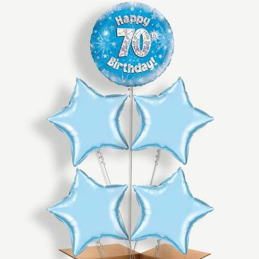 Happy 70th Birthday Blue Stars Helium Cluster Balloons | Party Save Smile