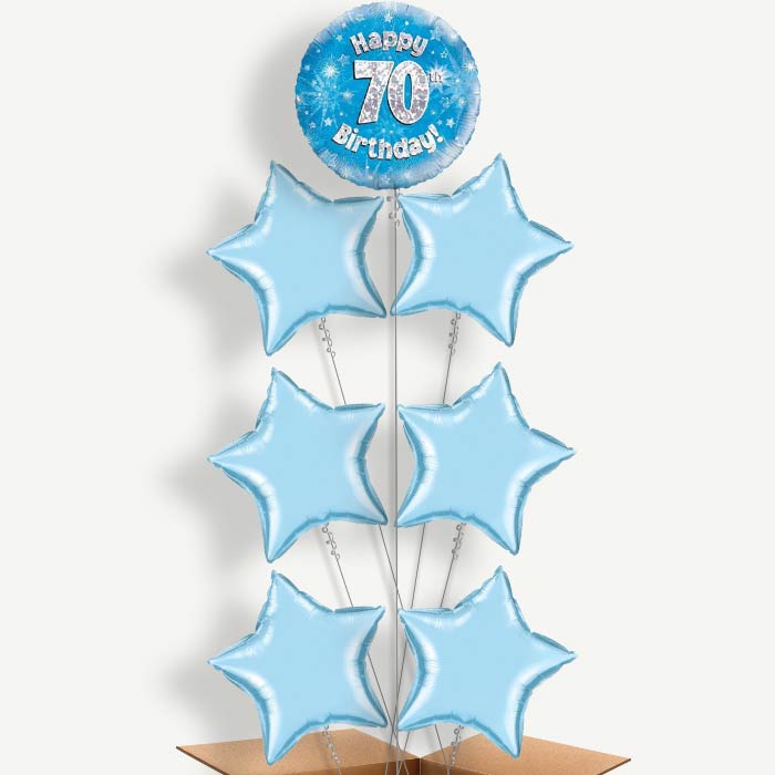Happy 70th Birthday Blue Stars Helium Balloon Arrangement | Party Save Smile