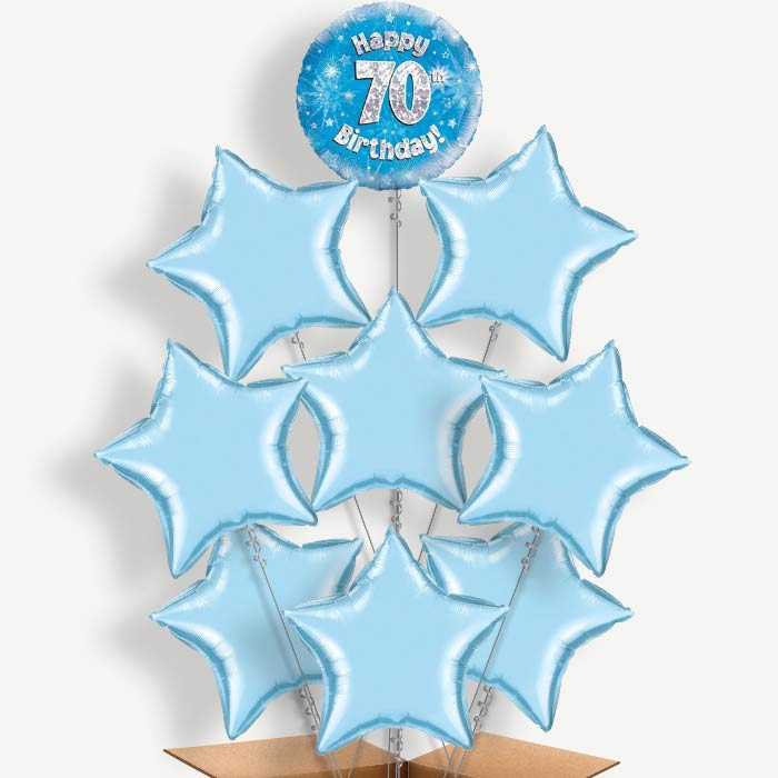 Happy 70th Birthday Blue Stars Helium Balloon Bundle | Party Save Smile
