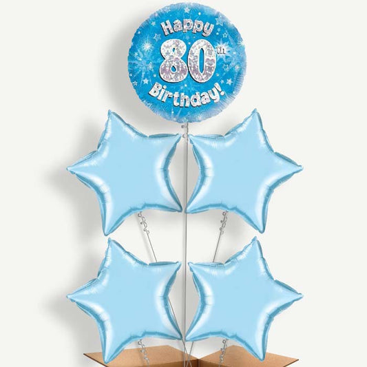 Happy 80th Birthday Blue Stars Helium Cluster Balloons | Party Save Smile