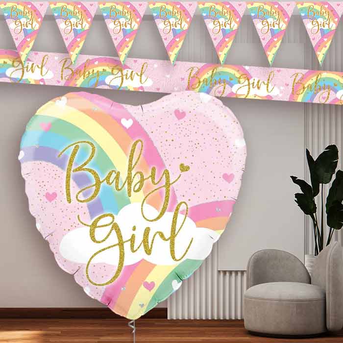 Pastel Rainbow Baby Girl Banners and Balloon
