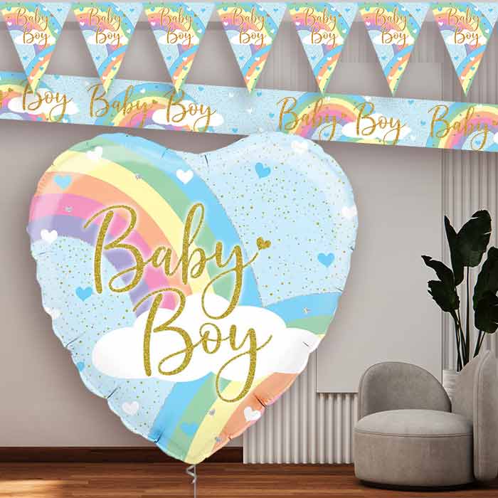 Pastel Rainbow Baby Boy Balloon and Banners - Party Save Smile