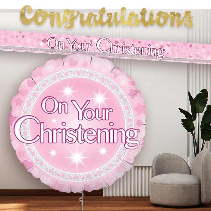 Pink On Your Christening Banners and Balloon