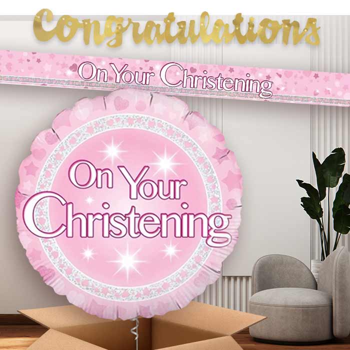 Pink On Your Christening Banners and Balloon | Party Save Smile