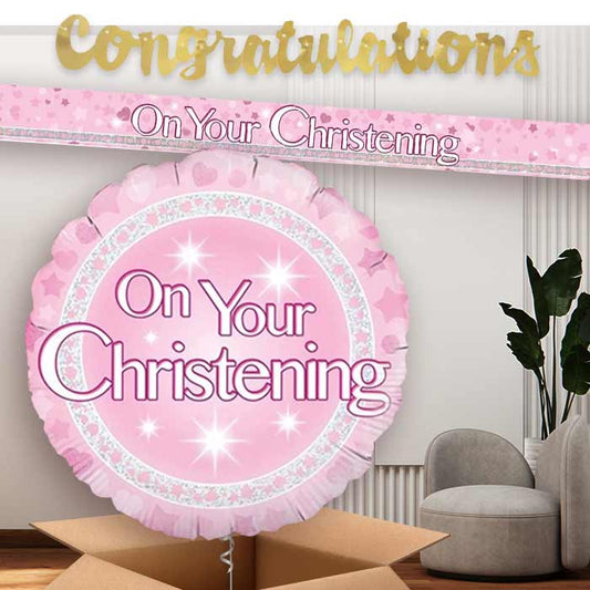 Pink On Your Christening Banners and Balloon | Party Save Smile