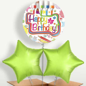 Happy Birthday Art Balloons in a Bunch Inflated with Helium (Trio)