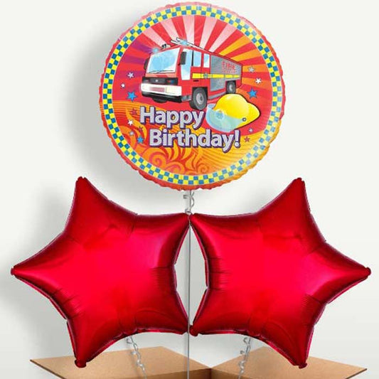 Fire Engine Birthday Trio Balloon Bunch inflated with Helium | Party Save Smile