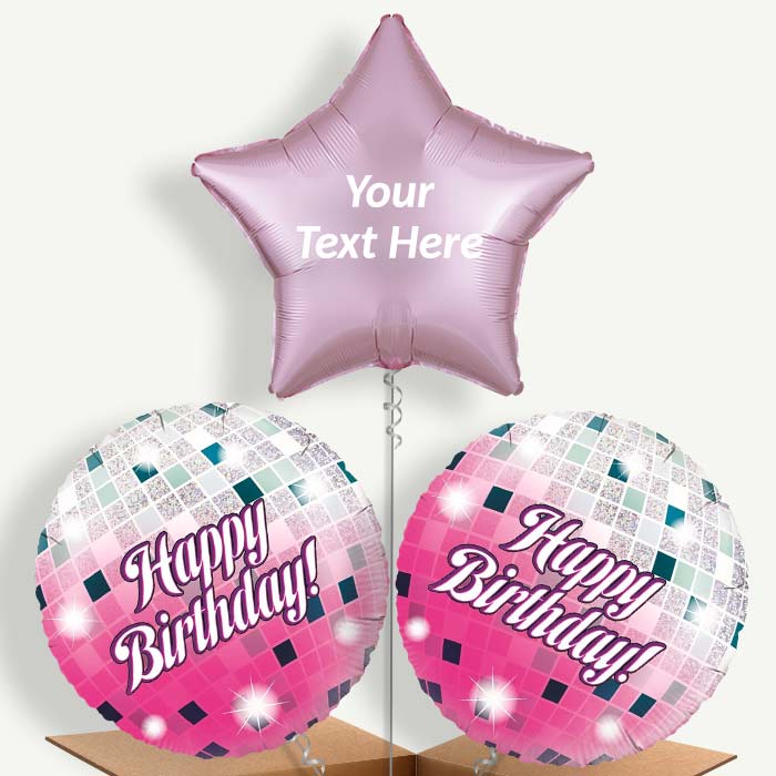 Personalisable Pink Birthday Disco Ball Helium Balloons | Party Save Smile