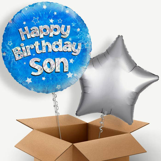 Happy Birthday Son Blue Stars Helium Balloon Pair | Party Save Smile