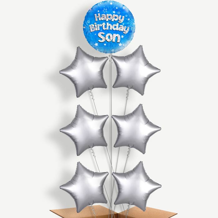 Happy Birthday Son Blue Stars Helium Balloon Arrangement | Party Save Smile
