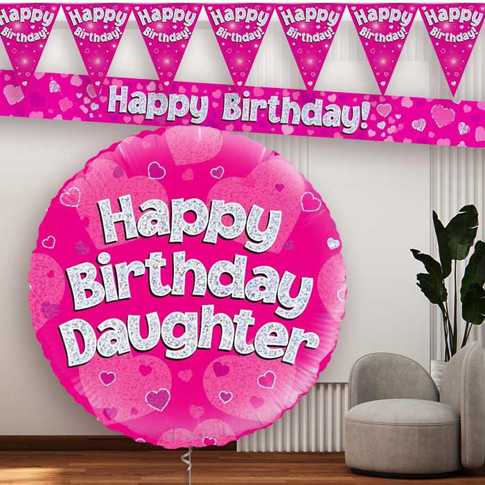 Pink Hearts Daughter Birthday Balloon and Banners