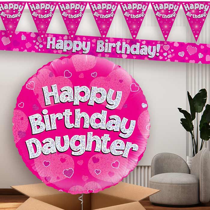 Pink Hearts Daughter Birthday Balloon and Banners | Party Save Smile