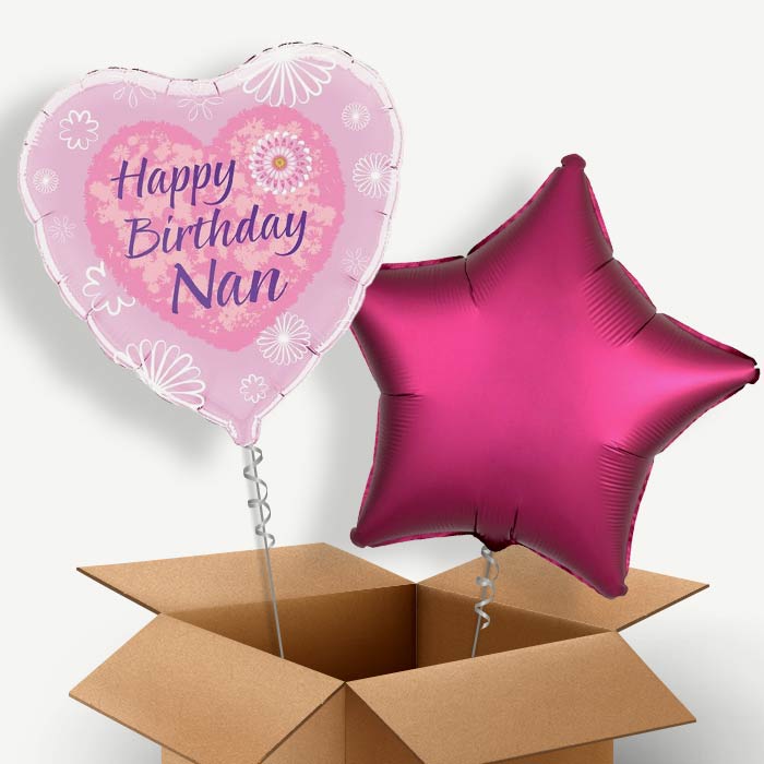 Happy Birthday Nan Pink Hearts Helium Balloon Pair | Party Save Smile