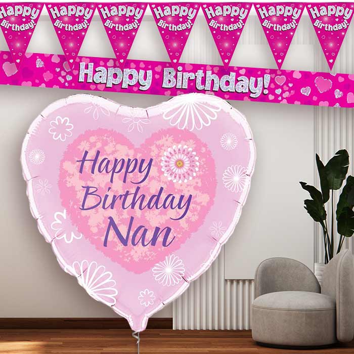 Pink Hearts Nan Birthday Balloon and Banners