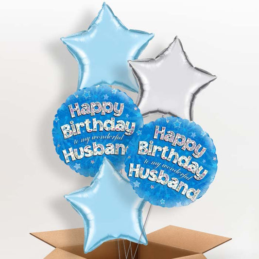 Husband Birthday Helium Balloons in a Box - Blue Stars - 5 Balloon | Party Save Smile