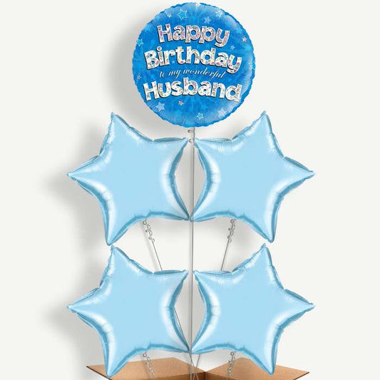 Husband Birthday Blue Stars Helium Cluster Balloons | Party Save Smile
