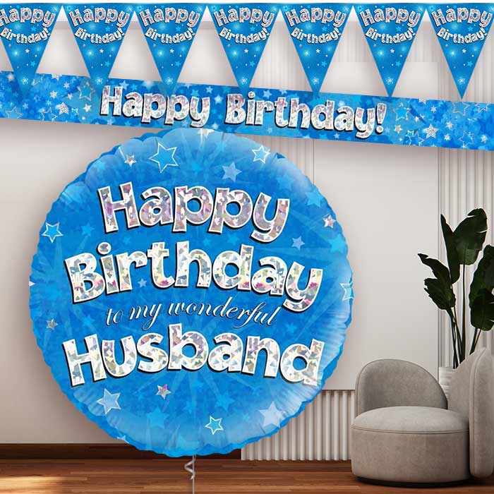 Blue Stars Husband Birthday Balloon and Banners