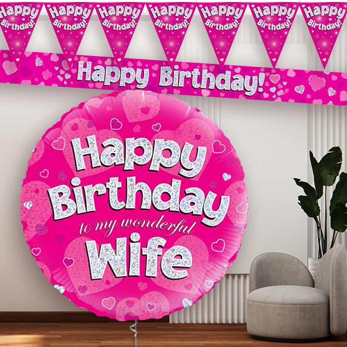 Pink Hearts Wife Birthday Balloon and Banners