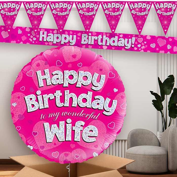Pink Hearts Wife Birthday Balloon and Banners | Party Save Smile